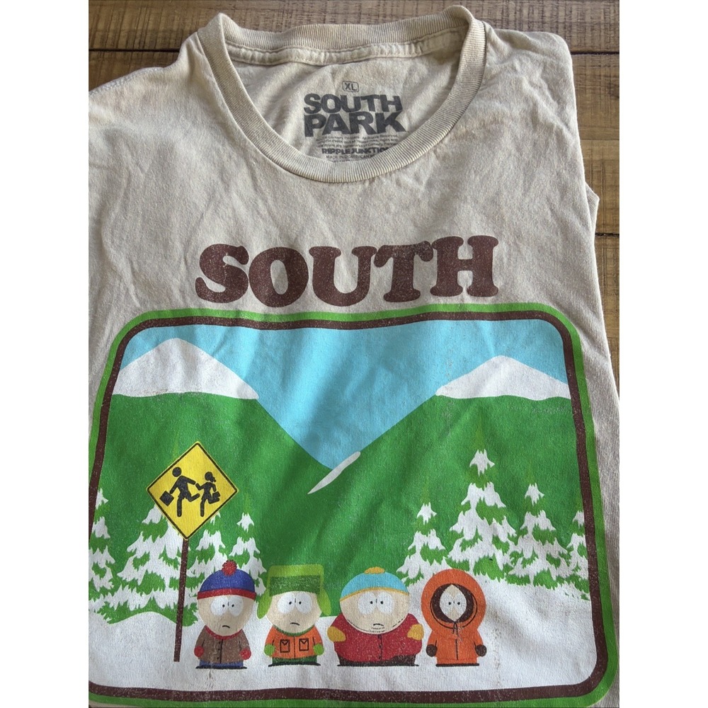 South Park Mens XL T-Shirt Ripple Junction Tan‎ Graphic Stan Kyle Cartman Kenny